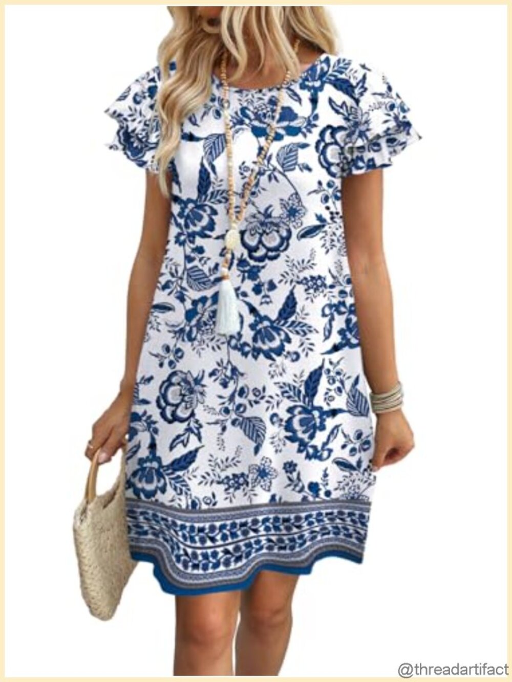 Womens Summer Dress Ruffle Sleeve Round Neck Loose Swing Sundress with Pockets